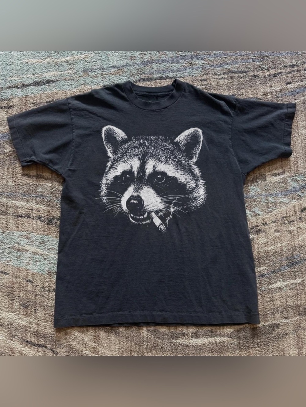 Black Graphic Tee with White Raccoon